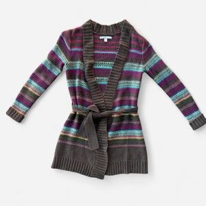 VTG Granolagirl Indie Knit Chocolate Brown Cardigan Multicolor Stripe Boho